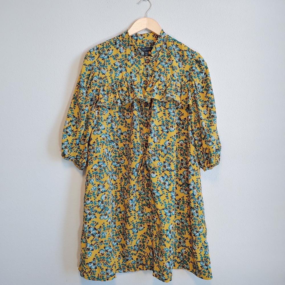 Topshop Yellow and Blue Floral Pleated Mini Dress